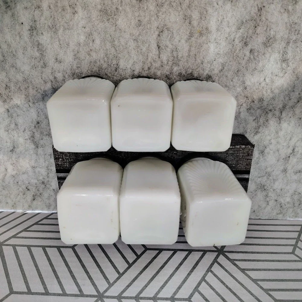 Vintage Art Deco Milk Glass Spice Jar Set 6pc Sunburst White Dark Green Lids